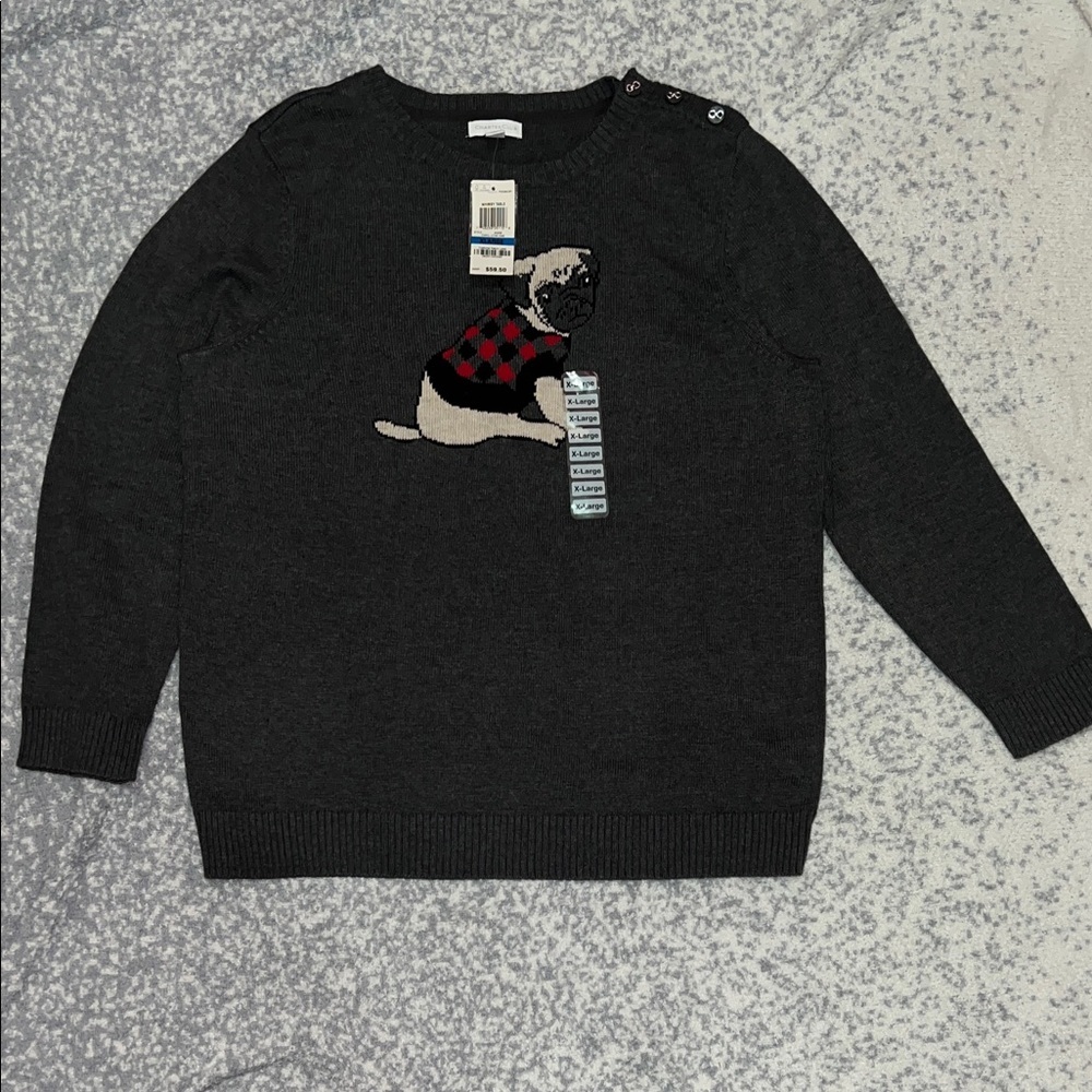 Charter Club Women’s Pug Dog Knit Sweater Sz XL Cotton Blend Gray Long Sleeves